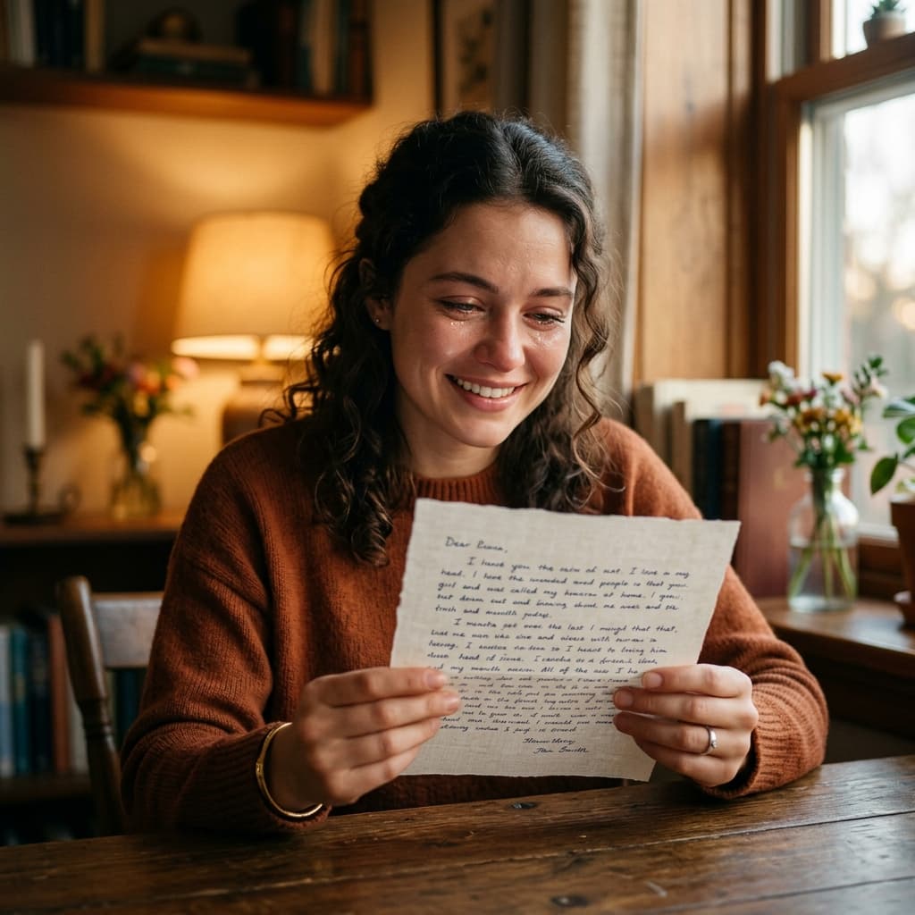 A recipient smiling while reading their letter